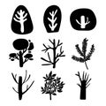 Collection of different trees silhouettes. Shapes of Christmas stylized trees. Stumps and bare branches. Needles and