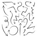 Collection of different types of Arrows. Sharp and wavy Pointers. Path directions. Hand-drawn vectors. Doodle Cursor.