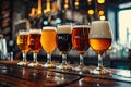 Various Beer Glasses on Wooden Bar Table Royalty Free Stock Photo