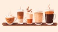 a collection of different types of coffee drinks on a tray Royalty Free Stock Photo
