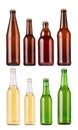 Collection different types and colors beer bottles, isolated, mock up.