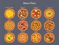 Collection of different types of pizza. Vector graphics