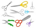 Flat vector set of different types of scissors for different purposes. Professional cutting instruments Royalty Free Stock Photo