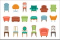 Collection of different types seating. Armchairs, chairs, poufs. Comfortable furniture. Elements for modern home Royalty Free Stock Photo