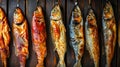 Assorted Smoked Fish Hanging on a Wall Royalty Free Stock Photo