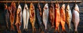 Assorted Smoked Fish Hanging on a Wall Royalty Free Stock Photo
