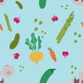 Collection of different vegetables, seamless pattern on the background in pastel colors, vector illustration