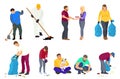 Collection different Volunteers. Young and old people clean in the city Park, plant trees, collect garbage. Vector flat Royalty Free Stock Photo