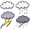 A collection of different weather conditions with clouds, a cloud with lightning and thunderstorms