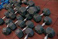 Collection of different weight dumbbells in gym