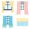 Collection of different wooden frame windows with colorful curtains, roman curtain at plastic window Royalty Free Stock Photo