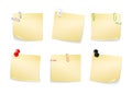 Collection of different yellow stickers for your notes. Attached buttons and staples. Royalty Free Stock Photo