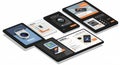 A collection of digital devices displaying various software interfaces. The designs Royalty Free Stock Photo