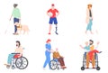 Collection of disabled people, cartoon characters with prosthesis, wheelchairs, visually impaired, vector illustration