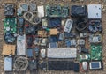 Collection of discarded computer components and electronics laid out Royalty Free Stock Photo