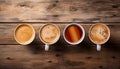 Collection of diverse coffee mugs arranged on a wooden table, captured from an overhead perspective