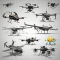 Collection of diverse drones and uavs showcasing modern aerial technology and design Royalty Free Stock Photo