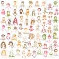 Collection of diverse hand drawn people faces vector illustration