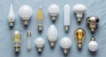 Collection of diverse light bulbs showing innovation and different designs for lighting solutions Royalty Free Stock Photo