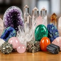 A collection of diverse minerals and crystals displayed on a wooden surface Royalty Free Stock Photo