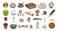 A collection of diverse objects arranged on a white background includes a green apple, crystal Royalty Free Stock Photo