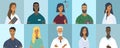 Collection of doctor portraits or avatars. Various faces: blonde, brunette, with beard, African American, trendy hairstyle.