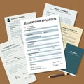 A collection of documents related to a scholarship application. The central document Royalty Free Stock Photo