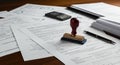 A collection of documents spread across a wooden desk includes forms filled with Royalty Free Stock Photo