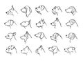 Collection of dogs heads profile side view portraits silhouettes in black