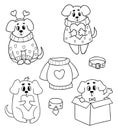 Collection dogs in love. Cute pets in romantic sweater and with heart and puppy in box. Vector illustration. Isolated Royalty Free Stock Photo