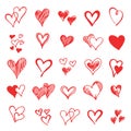 collection doodle set of hand drawn scribble hearts isolated red on white background