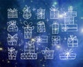 Collection of doodle sketch christmas gift boxes on blue night glowing background Royalty Free Stock Photo