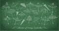 Collection of doodle vintage umbrellas on blackboard background. Vector sketch illustration. Royalty Free Stock Photo