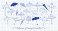 Collection of doodle vintage umbrellas on lined paper background. Vector blue pen sketch illustration. Royalty Free Stock Photo
