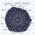 Collection of doodle zodiac signs. Hand drawn sketch Zodiac wheel vector illustration, Horoscopes Symbol icons graphics set Royalty Free Stock Photo