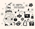 Collection doodles with cute Scandinavian gnome with Christmas tree, garland, Christmas balls, gifts, gingerbread and