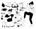 Collection doodles female sports. Happy boxer girls, sports equipment and kettlebell, boots, sportswear, jump rope and
