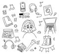 Collection doodles podcast. Cute girl in headphones listens to music. Phone, microphone, hands typing on laptop, book