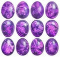 Collection of Dozen Easter Eggs Dyed Purple and Decorated with L Royalty Free Stock Photo