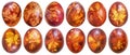 Collection of Dozen Easter Eggs Red Dyed and Decorated with Leaves Imprints Isolated on White Background