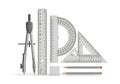 Precision geometry tools including compass ruler protractor triangle and pencils on white background Royalty Free Stock Photo