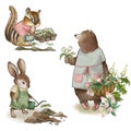 Collection of dressed animals doing gardening, hand drawn