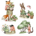 Collection of dressed animals doing gardening, hand drawn