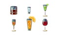 Cartoon vector set of alcoholic drinks in different glasses. Tasty cocktails. Elements for cafe or restaurant menu