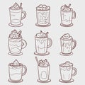 Collection of drinks in glasses. Vector illustration in doodle linear illustration isolated background Royalty Free Stock Photo