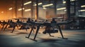 a collection of drones stored in a warehouse, indicating a focus on technology, unmanned aerial vehicles, and possibly logistics