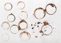 Collection of dry coffee cup stains on white background Royalty Free Stock Photo