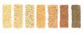 Collection of dry organic cereal and grain seeds consisted of barley, job\'s tear, flax seeds, lentils, and chia