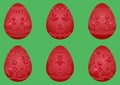 Collection of Easter burgundy eggs with chickens on a green background.