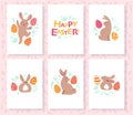 Collection of Easter congratulation holiday cards with funny cute bunny character smiling and decorated eggs isolated on with back